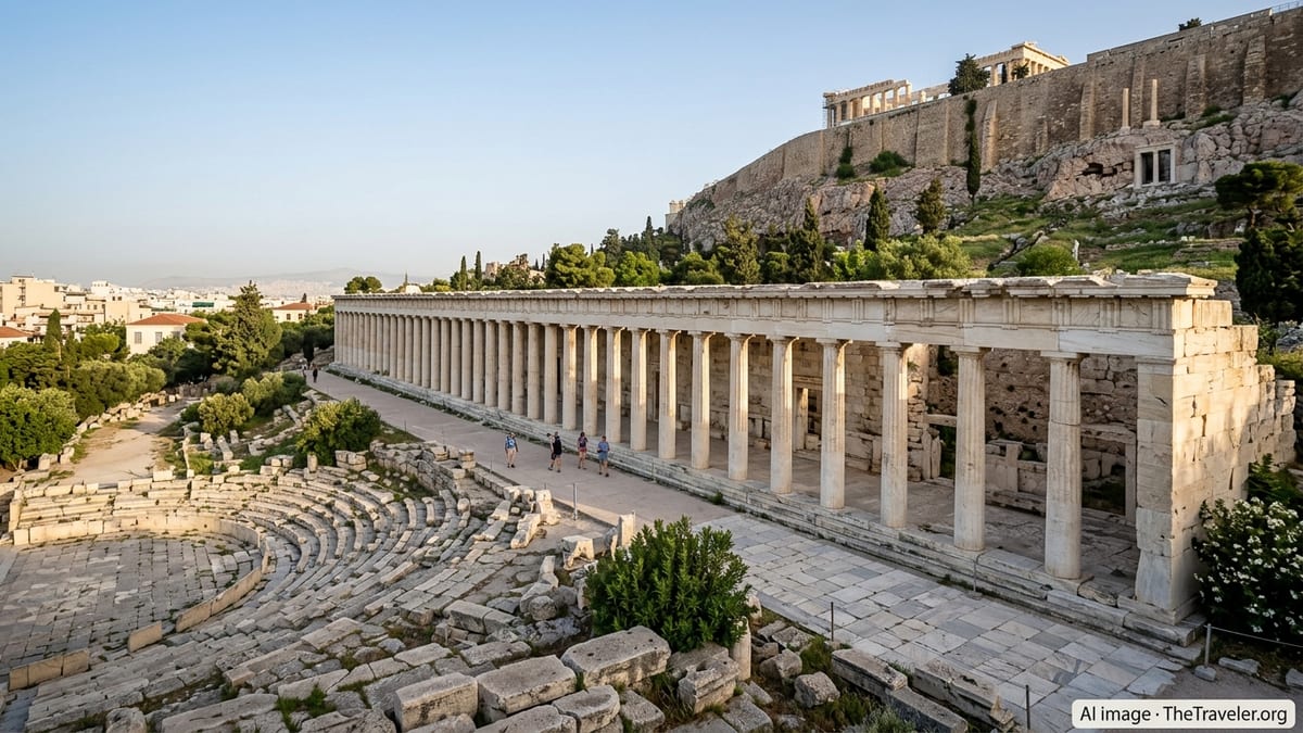 South slope of the Acropolis with the colonnaded Stoa of Eumenes and Athens in the background.