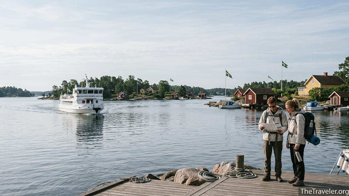 Travelers wait on a wooden jetty for a ferry in the Stockholm archipelago.