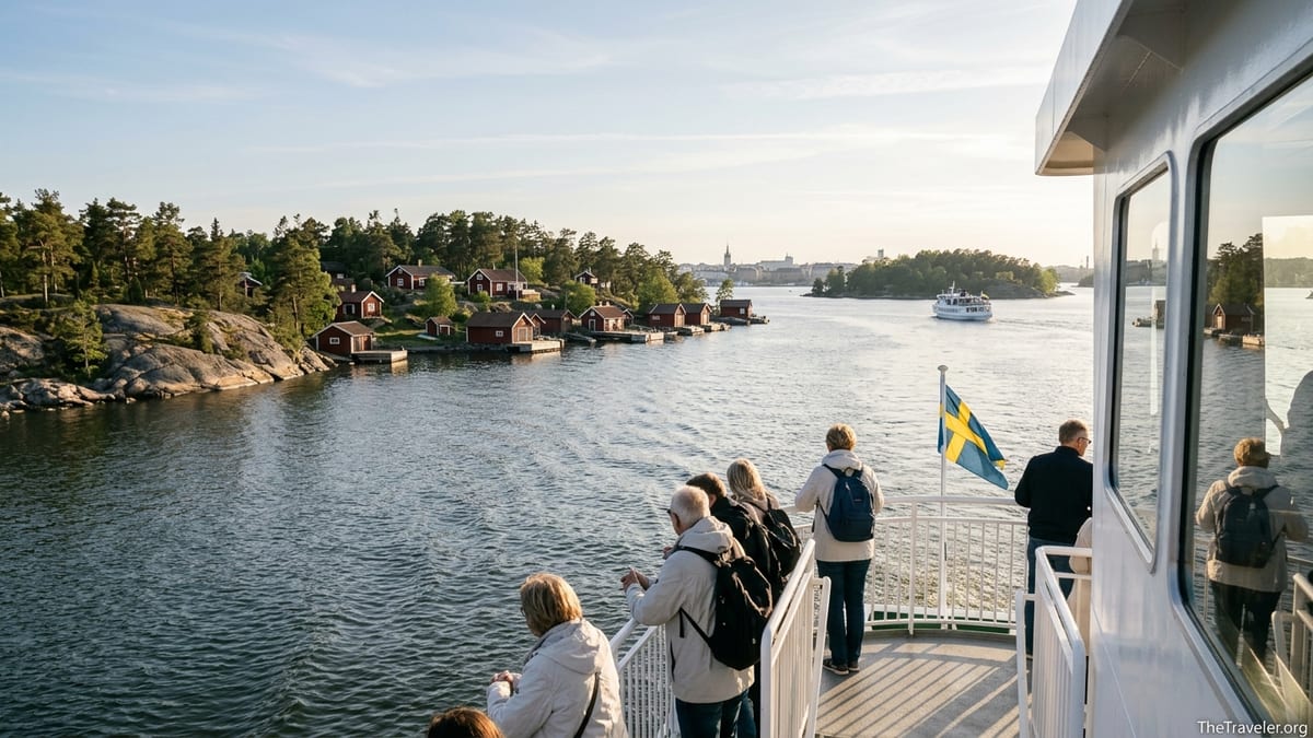 Passenger ferry sailing through the pine-covered islands of the Stockholm Archipelago on a sunny afternoon.