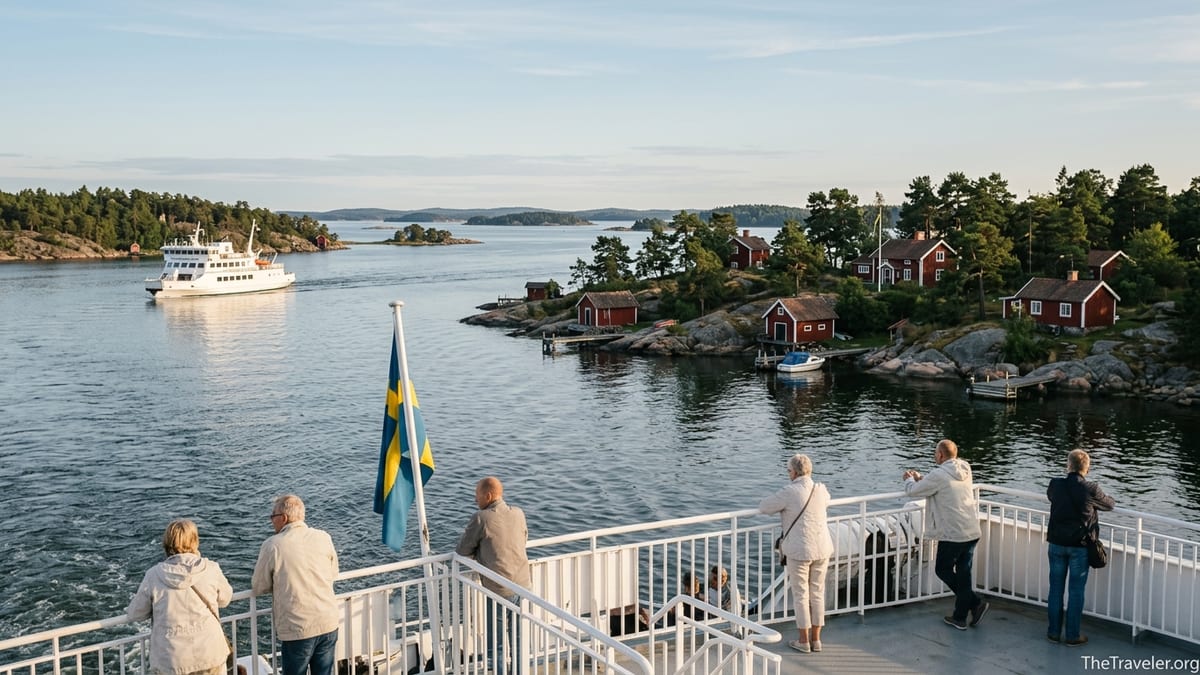 Passengers on a Stockholm archipelago ferry passing pine-covered islands and red cottages in late-summer light.