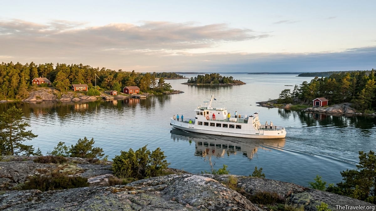 Ferry boat passing pine-covered islands in the Stockholm archipelago at sunrise.
