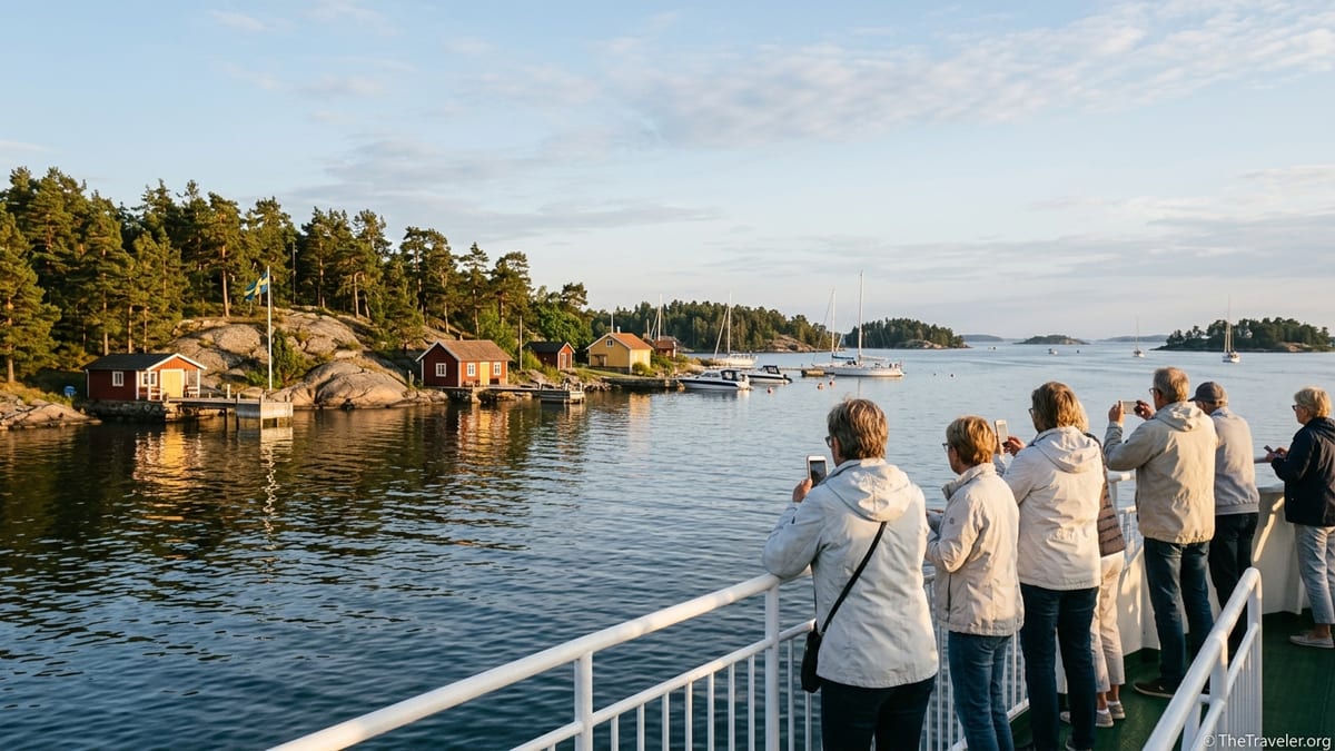 Passenger ferry gliding through the Stockholm Archipelago past pine-clad islands and red cottages at summer sunset.