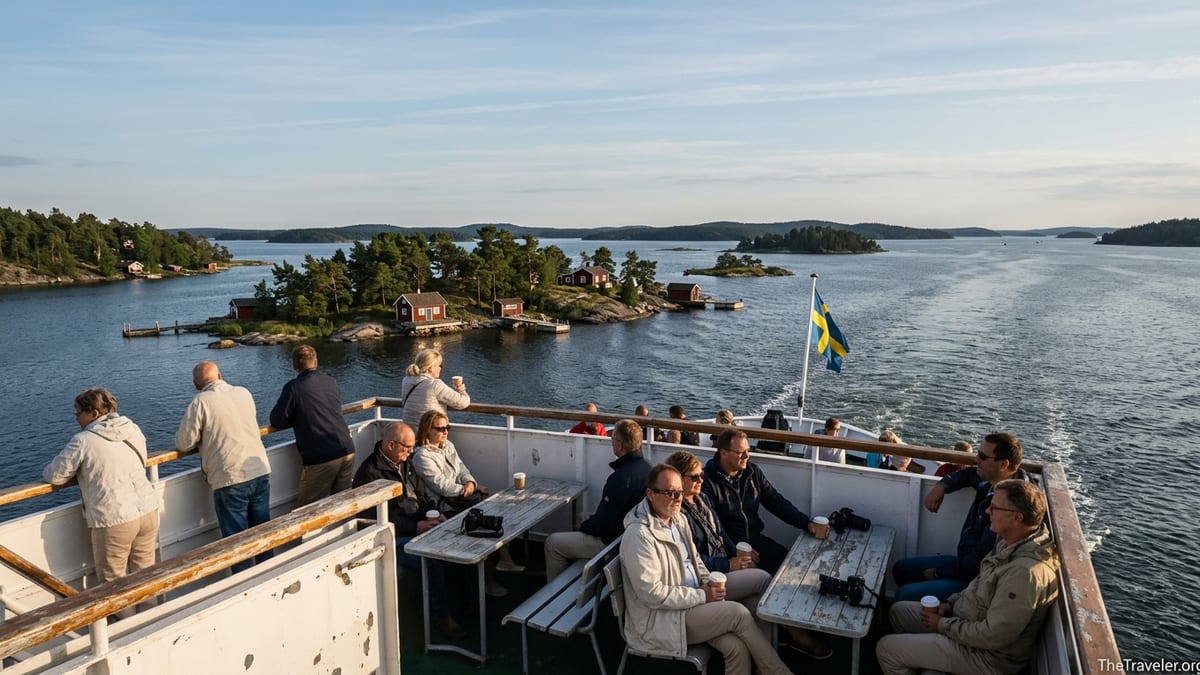 Passengers on a Stockholm archipelago ferry passing pine-covered islands at golden hour
