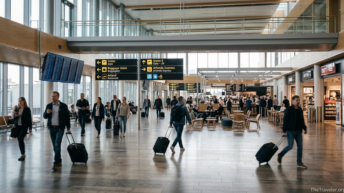 Travelers walking through Stockholm Arlanda Terminal 5 under clear wayfinding signs and daylight.