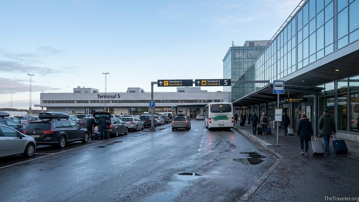 Cars and shuttle bus dropping passengers at Stockholm Arlanda Airport terminal at dawn.