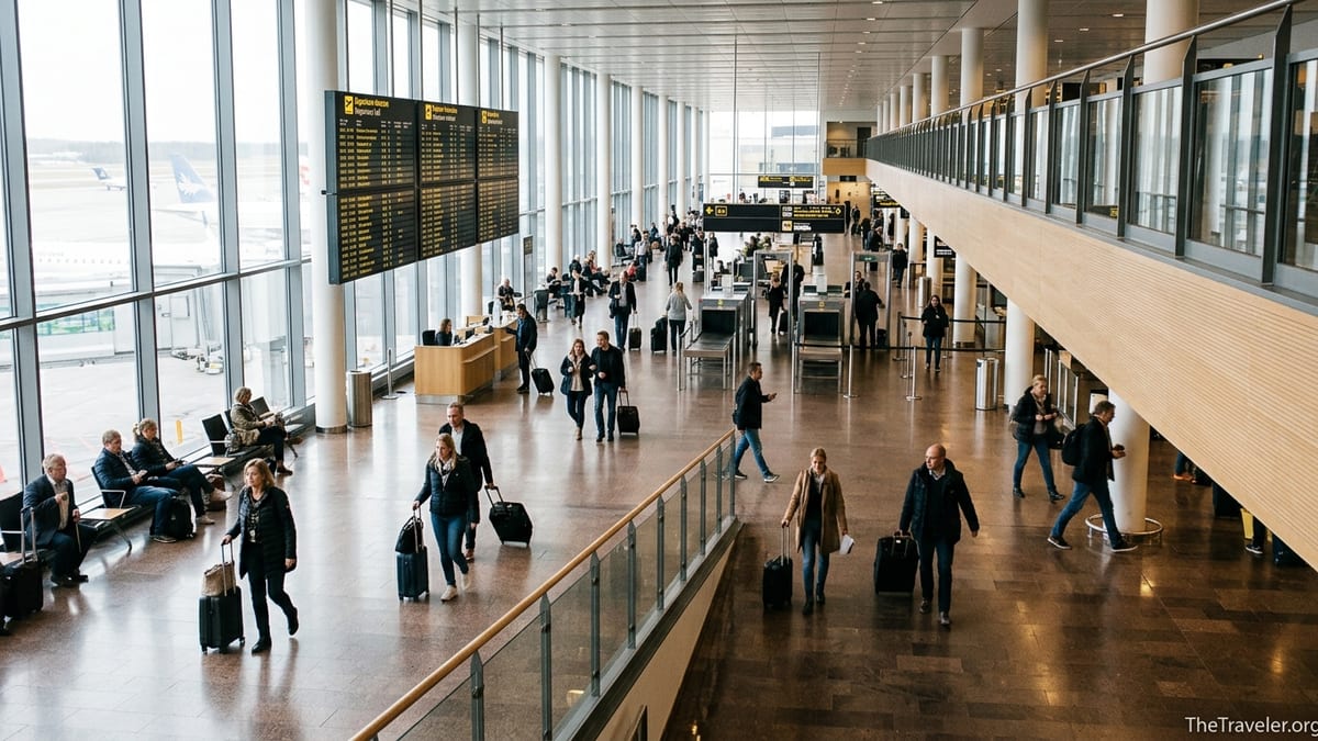 Travelers walking through the main departures hall of Stockholm Arlanda Airport Terminal 5.
