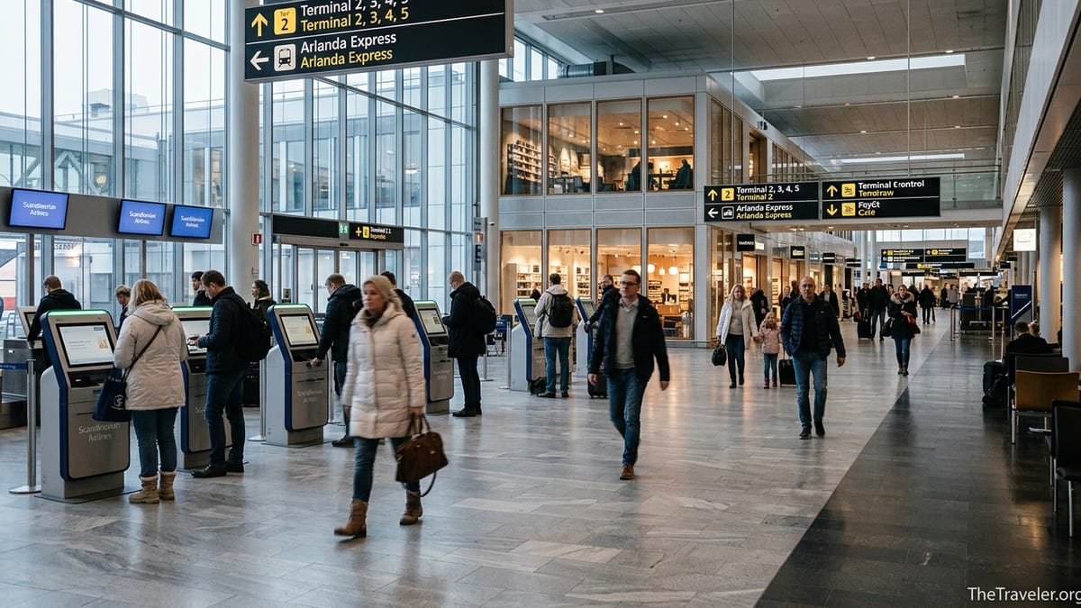 Passengers walking through Stockholm Arlanda Airport Terminal 5 departure hall with signs to other terminals.