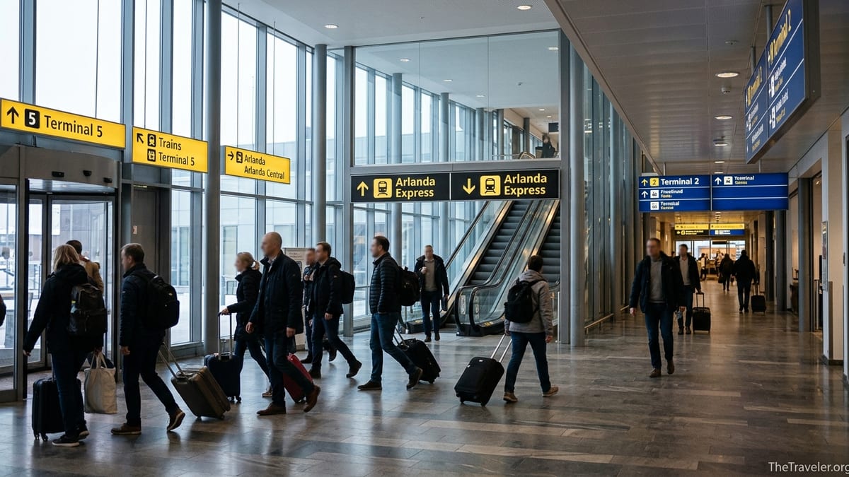 Travelers walking through Stockholm Arlanda’s SkyCity following signs to trains and Terminal 5.