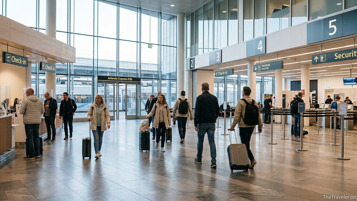 Travelers walking through Stockholm Arlanda Airport’s bright terminal with signs for check in and security.