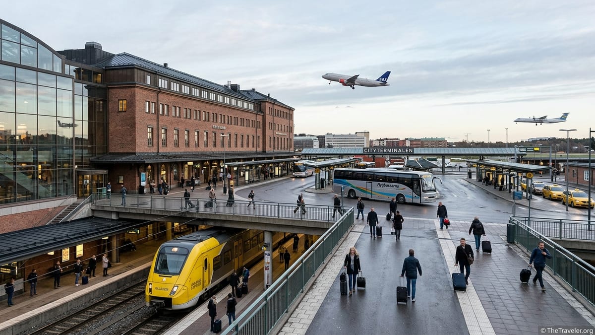 View of trains and airport buses at Stockholm Central, symbolizing access to Arlanda and Bromma airports.