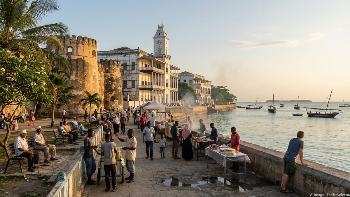 Late afternoon view of Stone Town's waterfront, showing historic buildings, relaxed locals, and traditional dhows on the Indian Ocean.