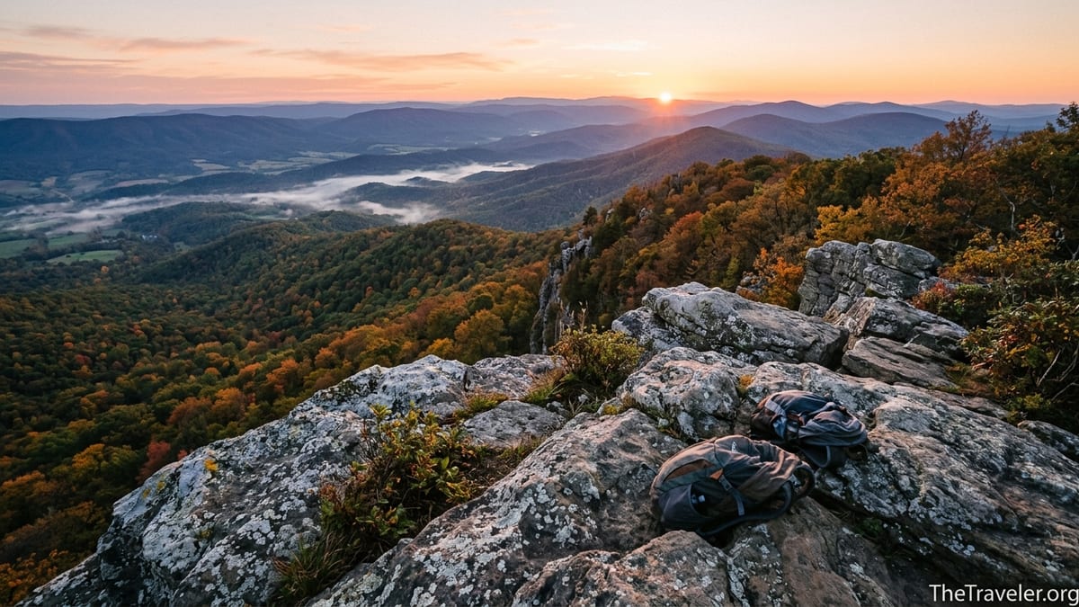 Rocky summit of Stony Man overlooking the Shenandoah Valley at sunrise in Shenandoah National Park.