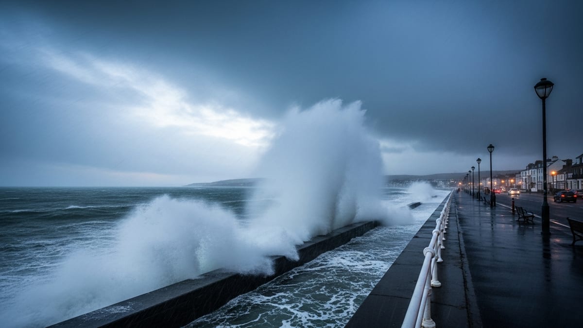 Storm Chandra battering the Isle of Man's Douglas promenade at dawn.