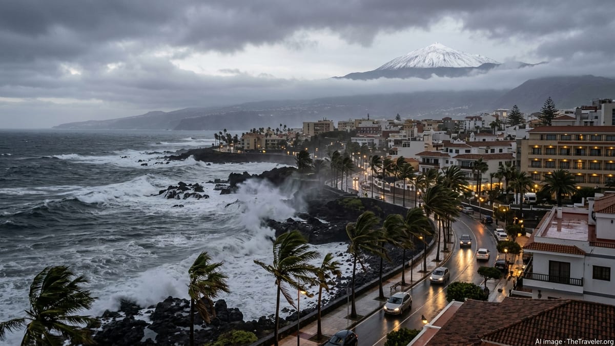 Stormy Tenerife coastline with crashing waves and palm trees bent by wind beneath snow-capped Mount Teide.