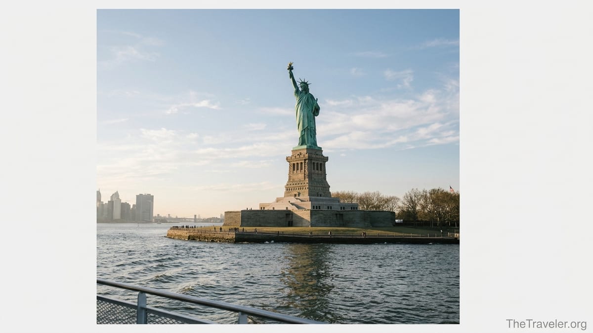 Ferry view of the Statue of Liberty at sunset with New York Harbor in the foreground.