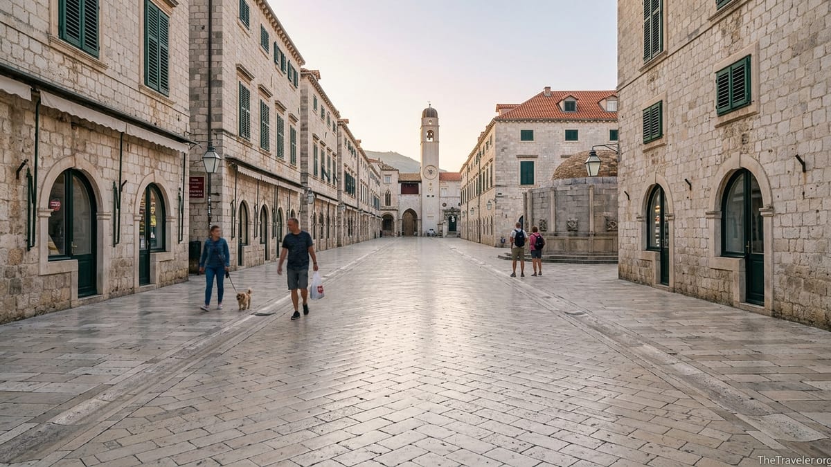 Early morning view along Stradun in Dubrovnik with polished limestone paving and few people walking.