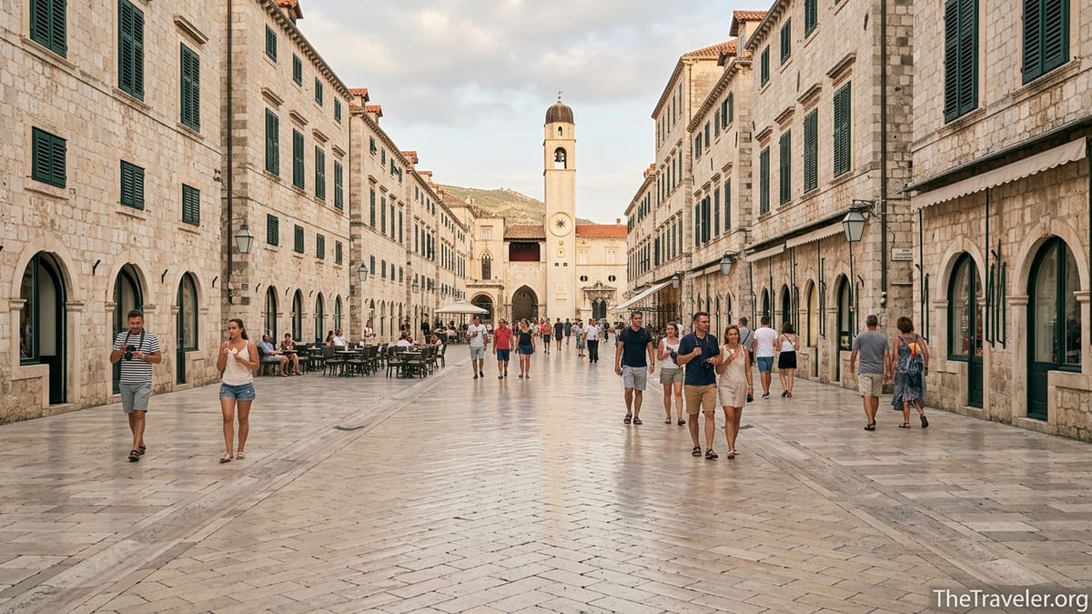 Late afternoon view along Stradun in Dubrovnik with people strolling between stone facades and a bell tower in the distance.