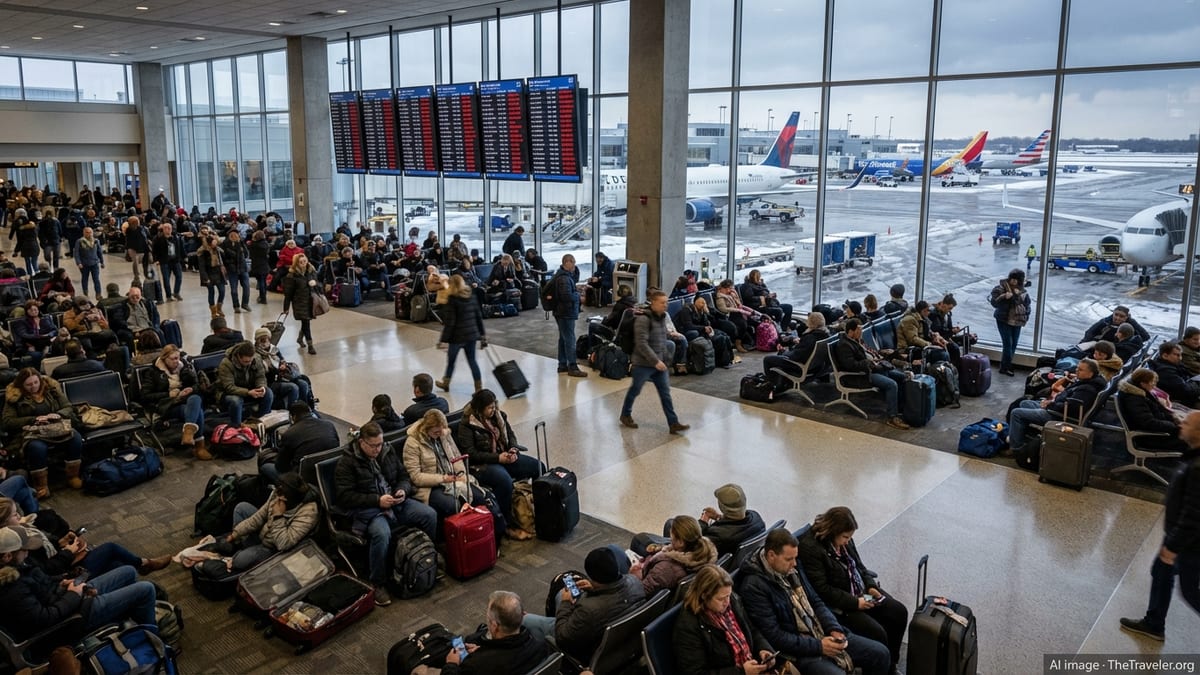 Crowded airport terminal with stranded winter travelers under boards showing delayed and cancelled flights.