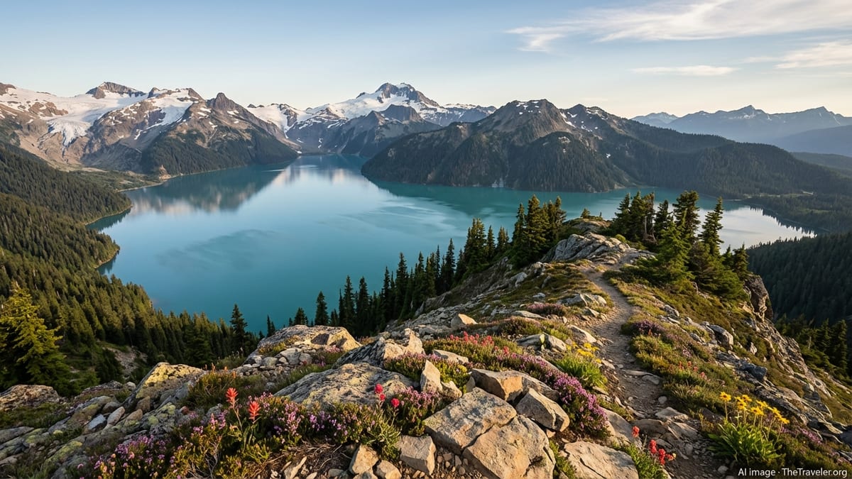 Alpine lake and rugged peaks in Strathcona Provincial Park on Vancouver Island.