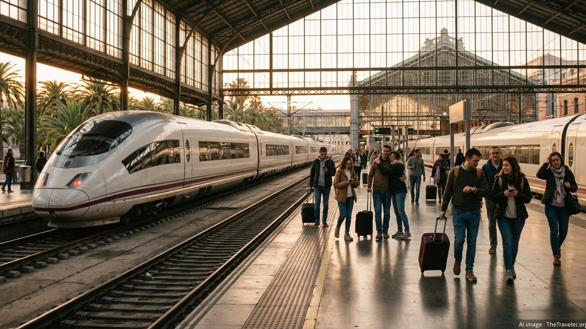 Travelers walking calmly along a high speed train platform in a Spanish station at golden hour.