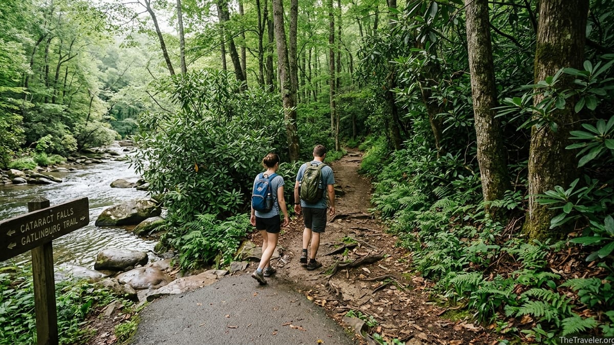 Hikers step from Sugarlands Visitor Center pavement onto a forest trail by a Smoky Mountains river.