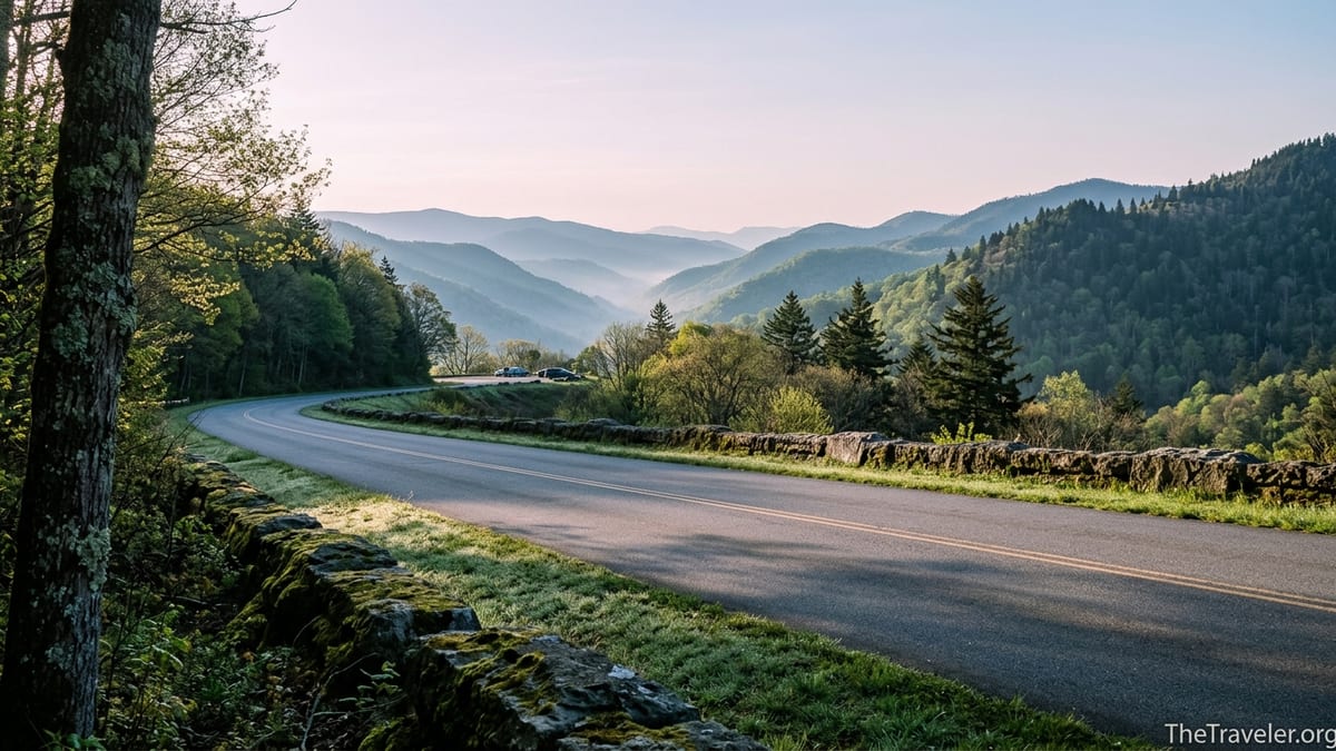 Scenic view of Smoky Mountain ridges and Newfound Gap Road at sunrise.