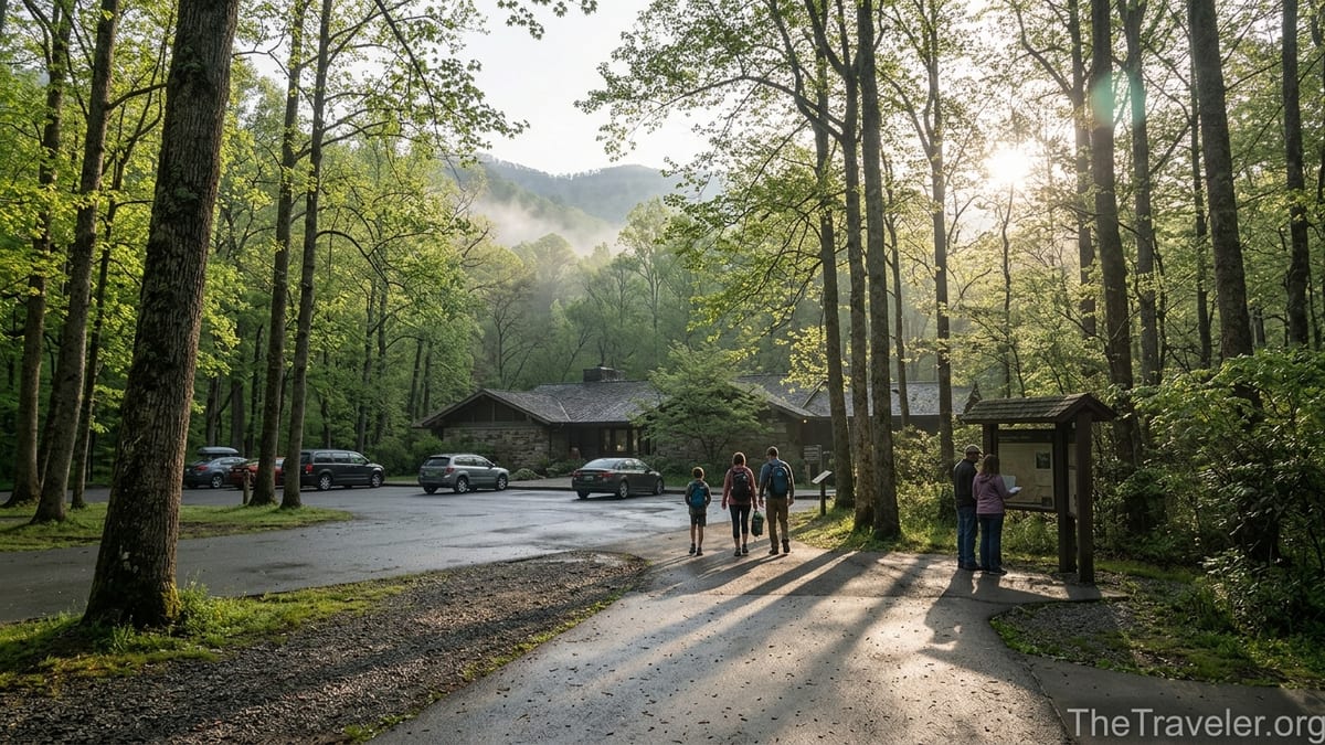 Sunrise light on Sugarlands Visitor Center and nearby forest trail in Great Smoky Mountains National Park.
