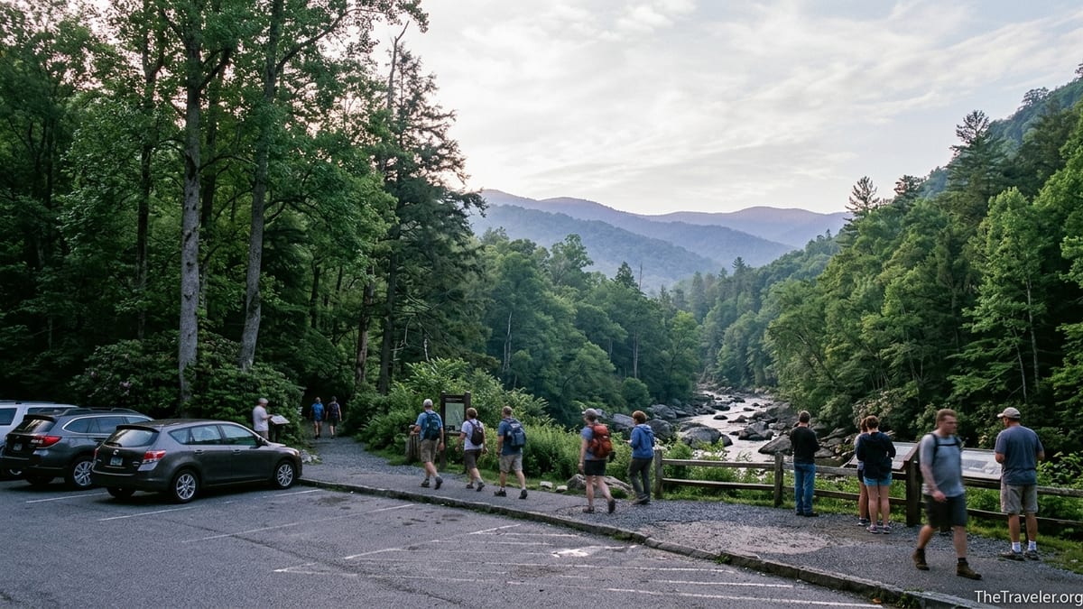 Visitors setting out on trails near Sugarlands Visitor Center with Smoky Mountain ridges in the background.