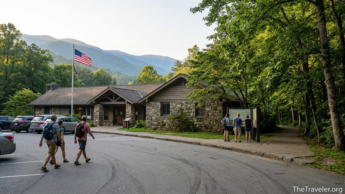 Travelers walking toward Sugarlands Visitor Center in Great Smoky Mountains National Park at golden hour.
