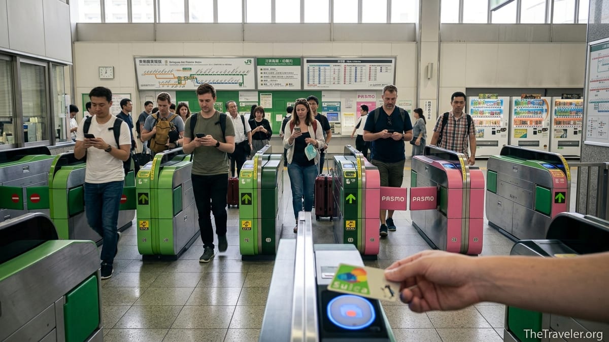 Tourists tapping IC cards at ticket gates in a busy Japanese train station concourse.