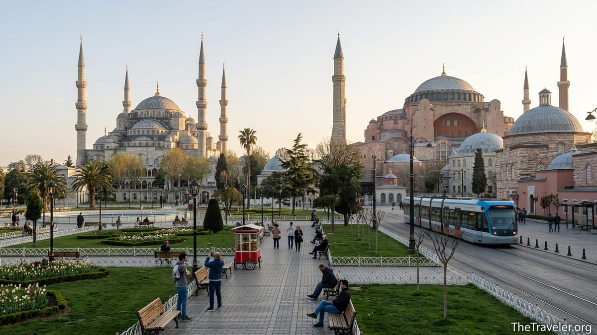 Sultanahmet Square with the Blue Mosque, Hagia Sophia and people walking at sunset.
