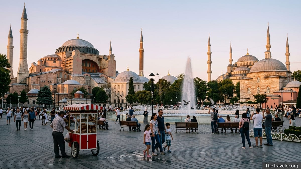 Evening crowds in Sultanahmet Square between Hagia Sophia and the Blue Mosque in Istanbul.