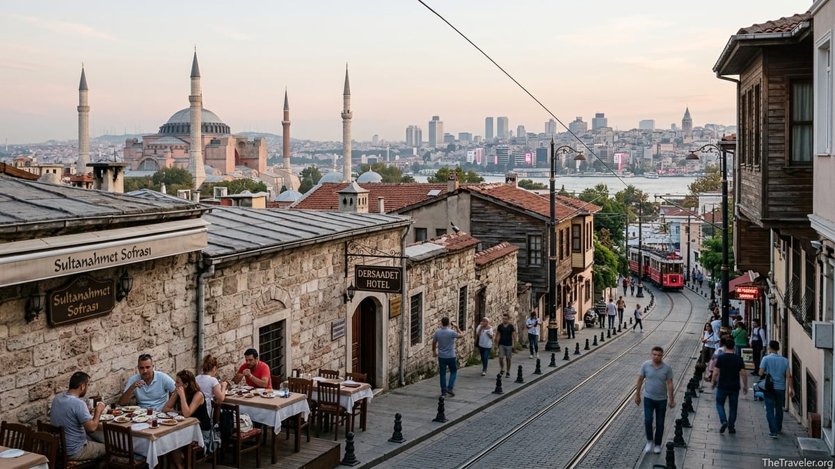 View from Sultanahmet toward Istanbul’s modern skyline, contrasting mosques with urban Taksim area at sunset.