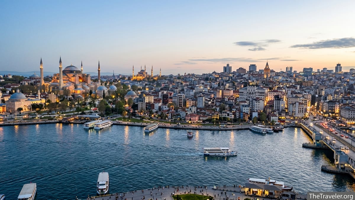 Evening view of Sultanahmet and Taksim skylines divided by the Golden Horn in Istanbul.
