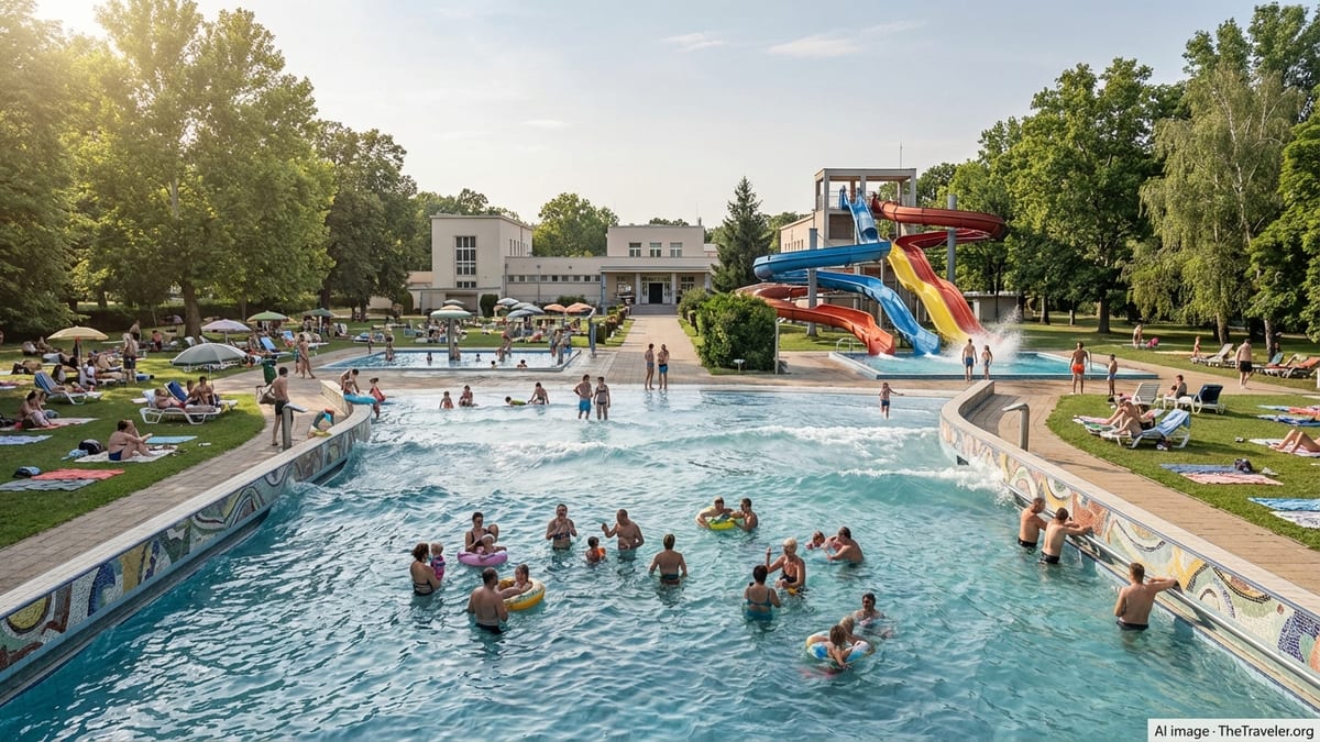 Summer afternoon at Palatinus Bath, Budapest with people enjoying wave pool.