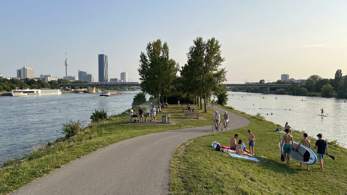 Summer afternoon at Vienna's Donauinsel with people enjoying various activities.