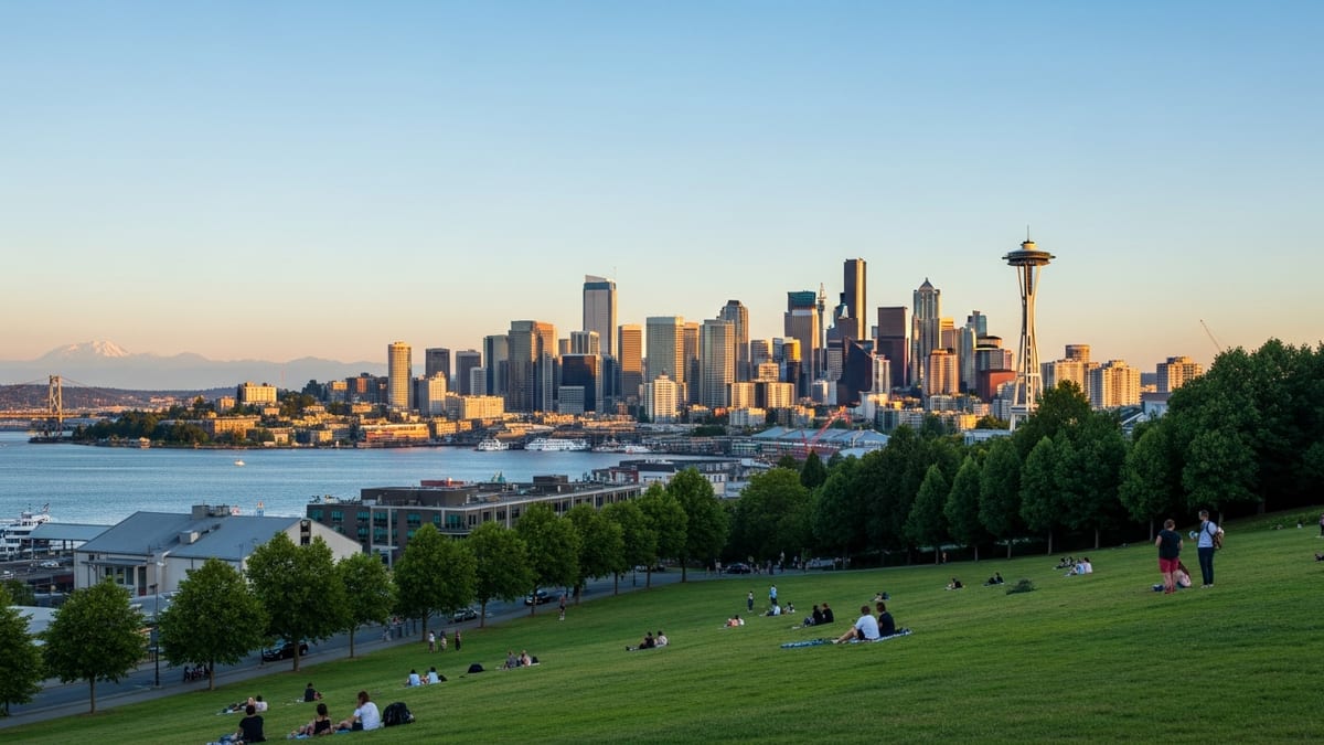 Summer evening at Gas Works Park, Seattle, with people enjoying the view over Lake Union.