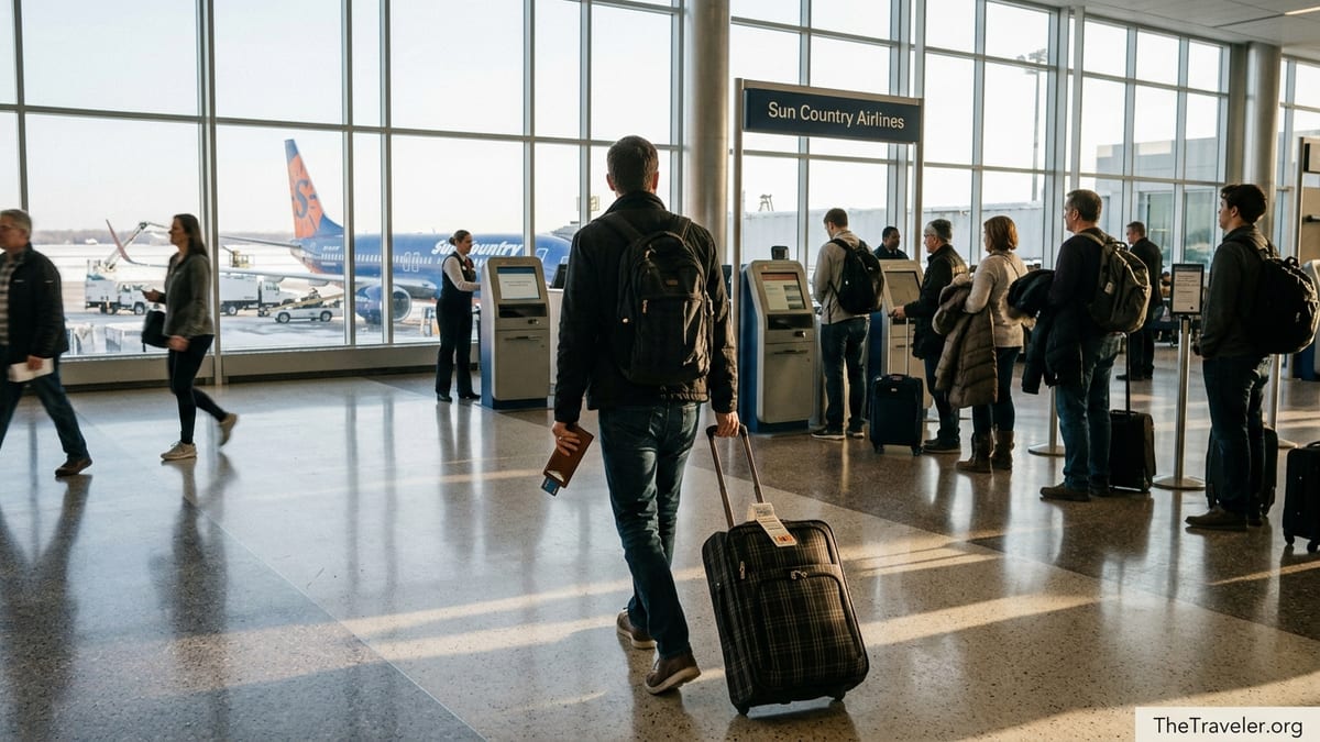 Traveler with luggage and credit card walking toward Sun Country check-in desks at Minneapolis–Saint Paul airport.