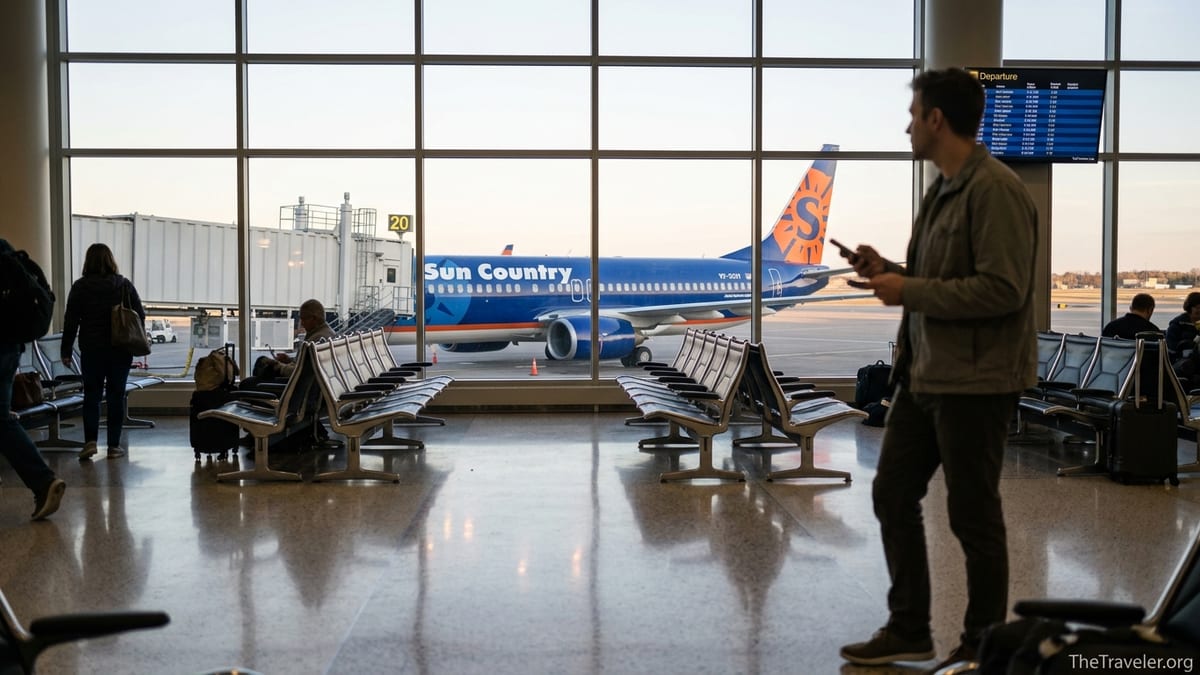 Traveler holding a credit card at a Sun Country gate in Minneapolis airport.