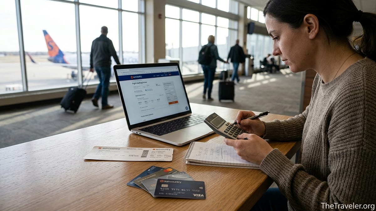 Traveler in an airport comparing credit cards and fees before booking a Sun Country flight.
