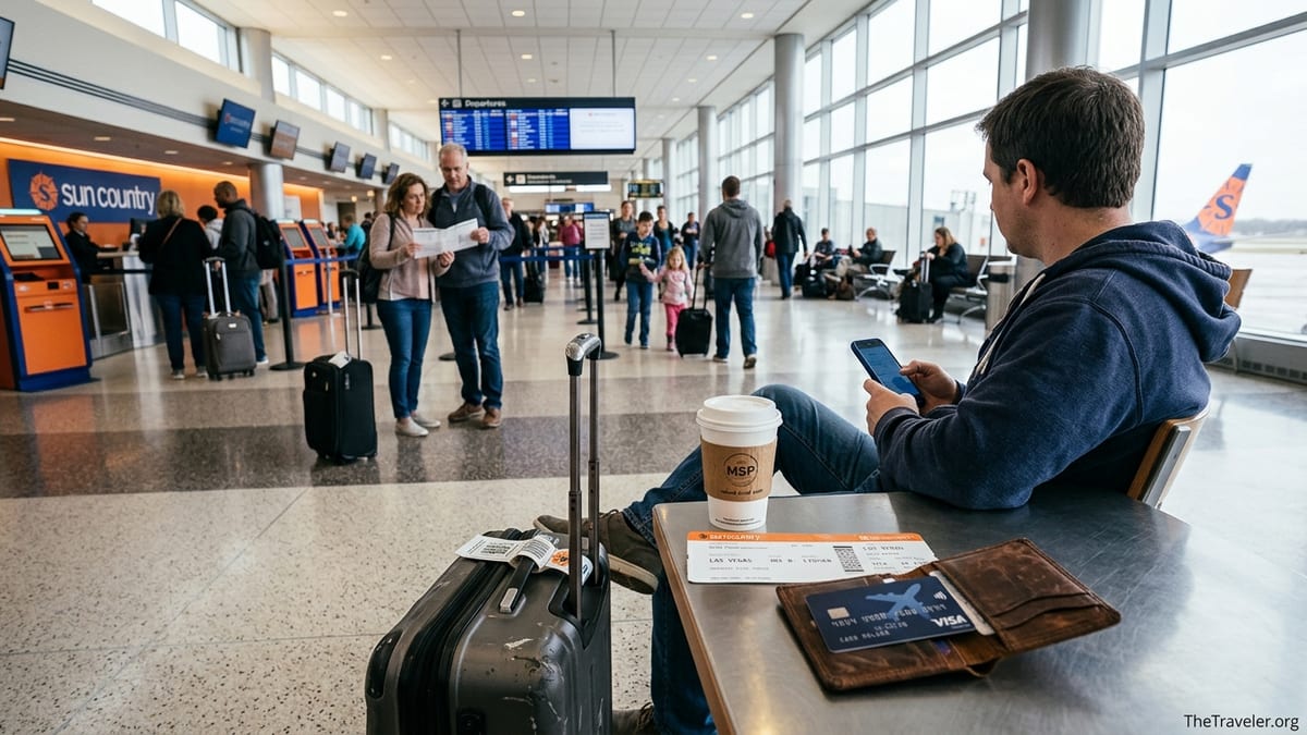 Traveler at Minneapolis airport holding a Visa card near Sun Country check-in area.