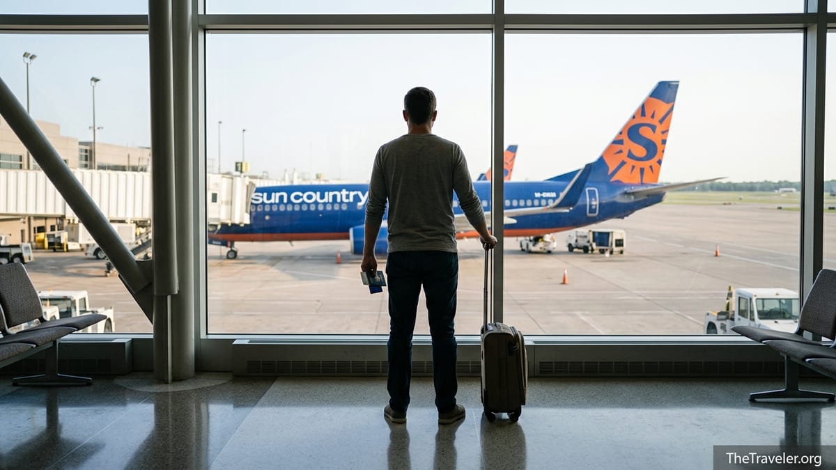Traveler at Minneapolis–St. Paul airport window looking at a Sun Country plane while holding a credit card.