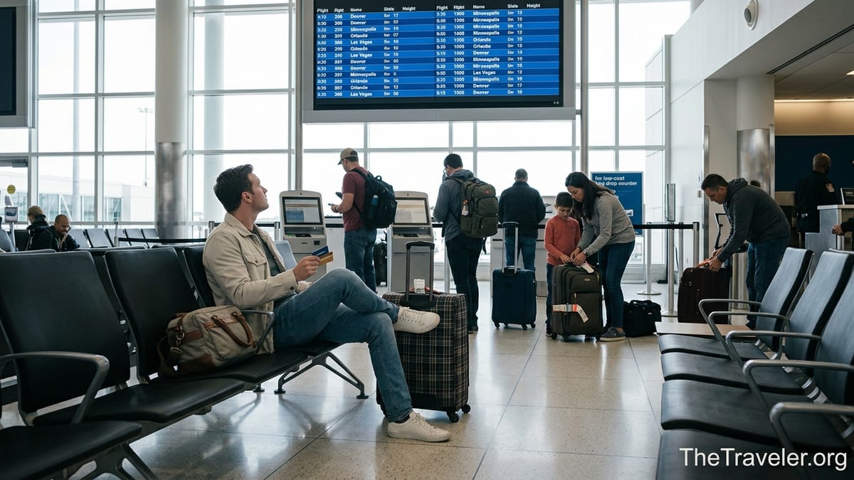Traveler comparing credit cards while waiting with luggage in a busy airport terminal