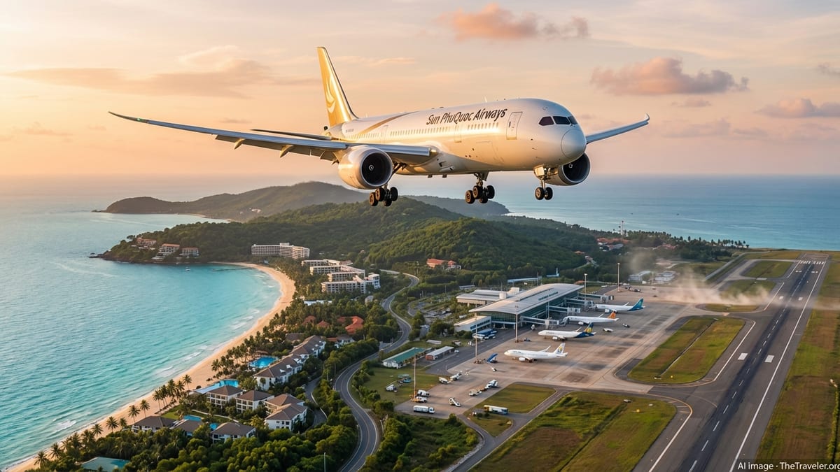 Sun PhuQuoc Airways Dreamliner approaching Phu Quoc over beaches and resorts at sunrise.