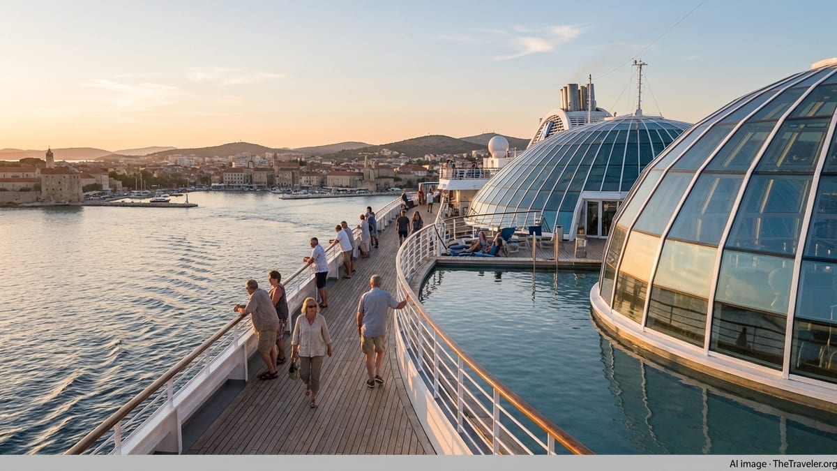Sun Princess sailing at golden hour past a Mediterranean coast, with pool deck and glass Dome in view.