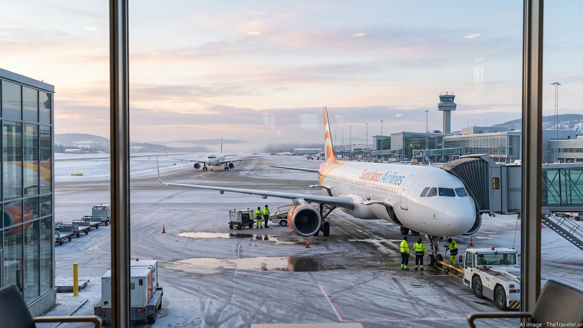 Sunclass Airlines jet at a snowy Nordic airport gate with ground crew preparing for departure.