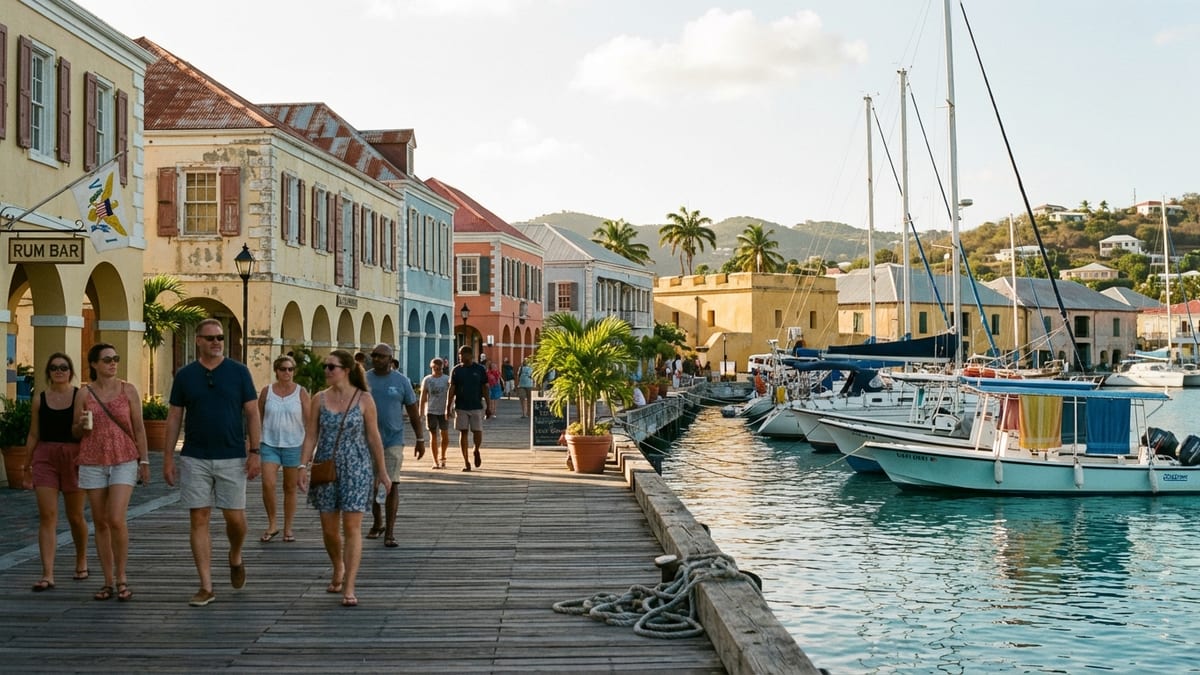 Sunlit view of Christiansted waterfront in St. Croix, featuring colonial buildings and casual tourists. 