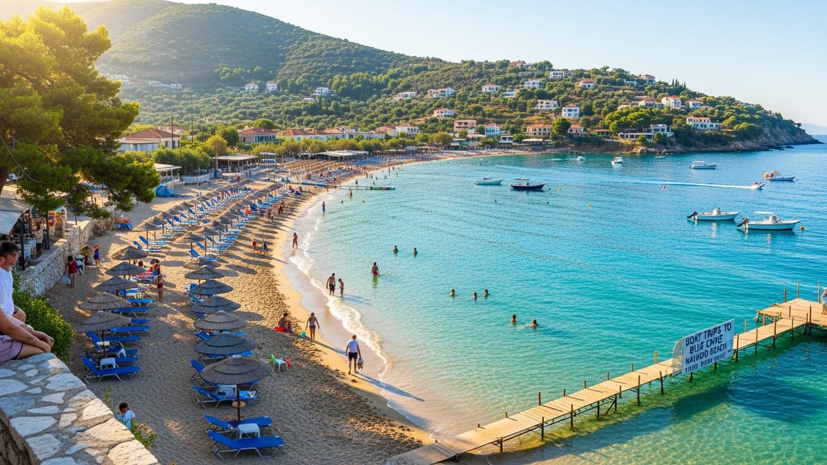 Sunlit panoramic view of a vibrant beach scene in Zakynthos, Greece. 