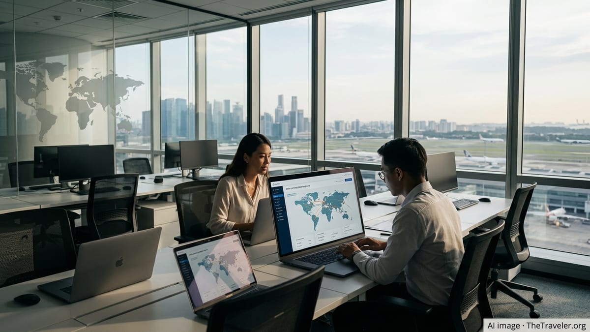 Colleagues review global payment data on laptops in a modern office with city skyline view.