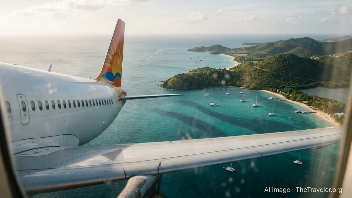 Sunrise Airways jet approaching Antigua with turquoise sea and coastline below.
